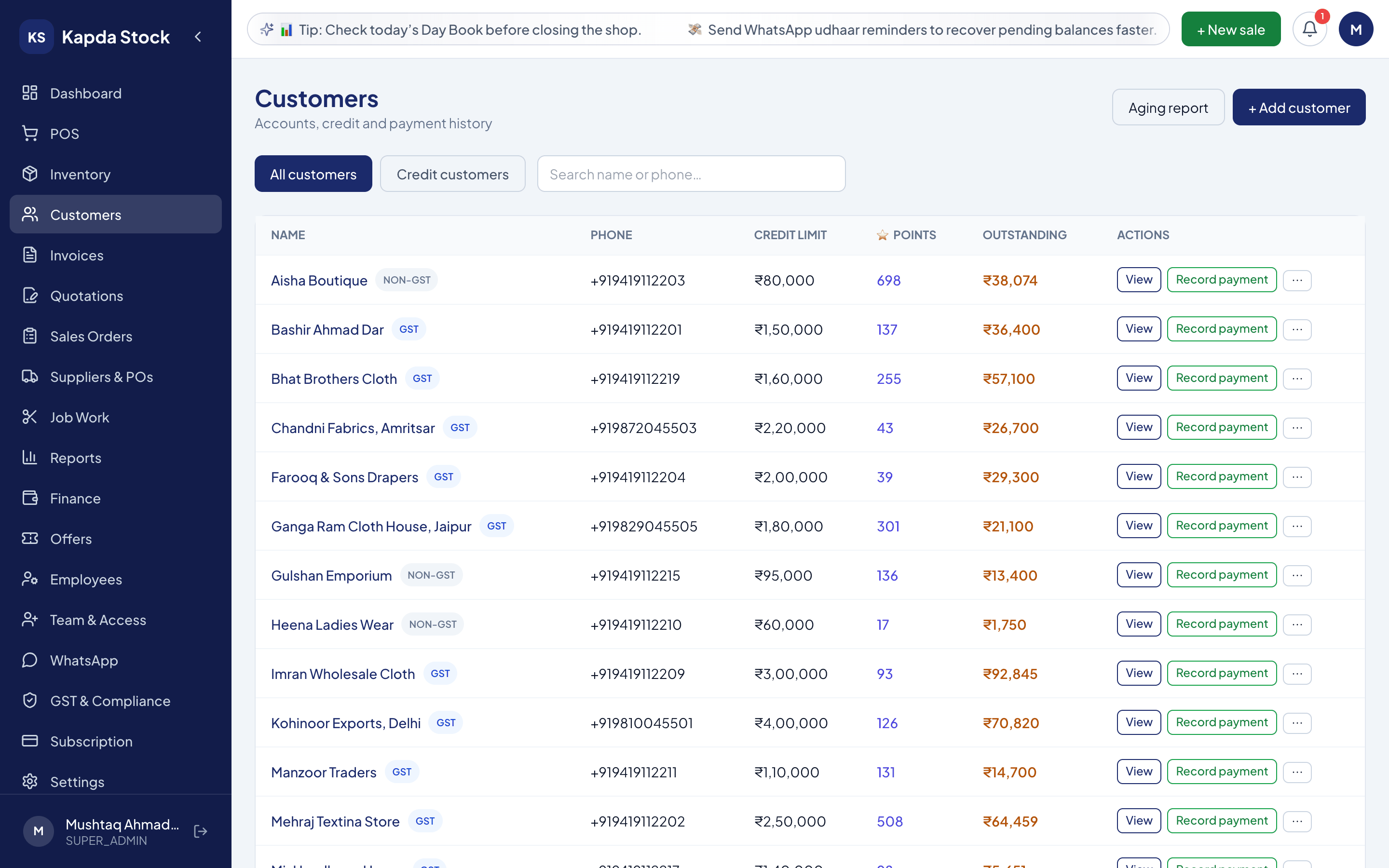 Customer ledger with credit limits and loyalty points